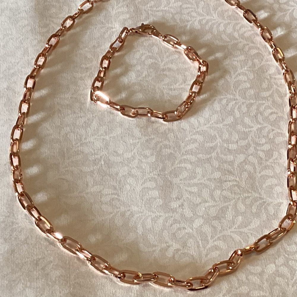 NWOT. Rose Goldtone Chain Necklace and Bracelet Set in Cable Pattern